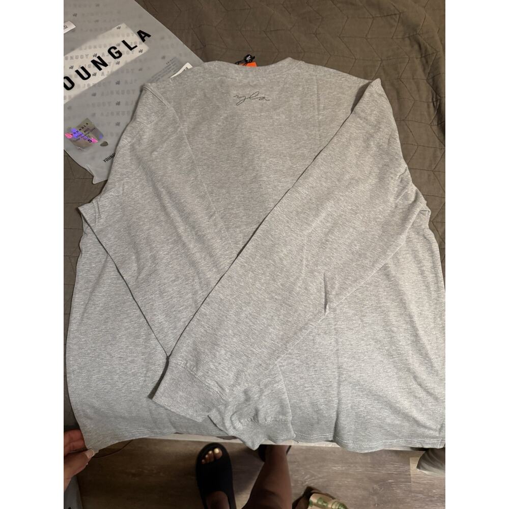 YoungLA Gray Long Sleeve Logo T-Shirt Men's S Crew Neck Solid Regular Fit - Picture 4 of 5